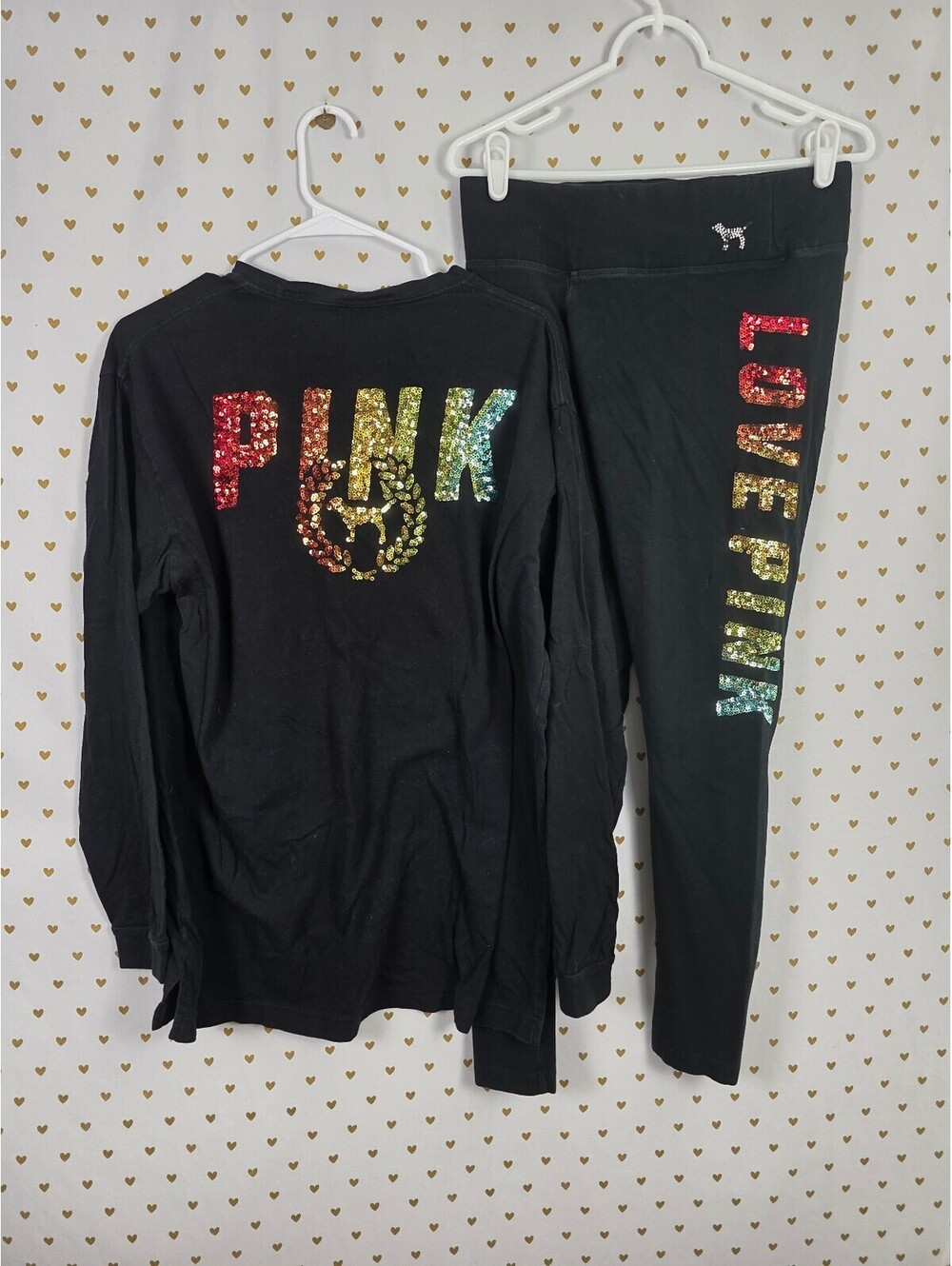 Victorias Secret PINK Rainbow Bling sequined SET Tee shirt Yoga pants Large